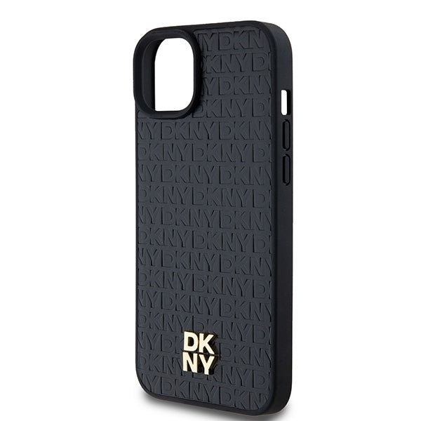 DKNY Leather Monogram Pattern Metal Logo MagSafe Case for iPhone 15 Plus / 14 Plus - Black