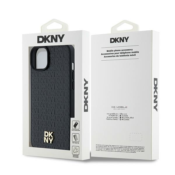 DKNY Leather Monogram Pattern Metal Logo MagSafe Case for iPhone 15 Plus / 14 Plus - Black