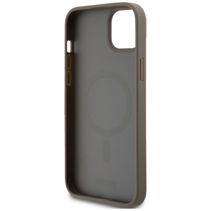 DKNY Leather Pattern Metal Logo MagSafe Case for iPhone 15 Plus / 14 Plus - Brown
