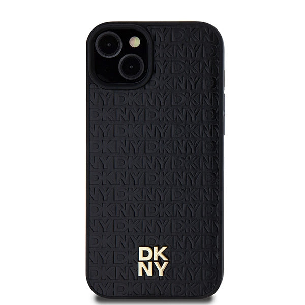 DKNY Leather Pattern Metal Logo MagSafe Case for iPhone 15/14/13 - Black