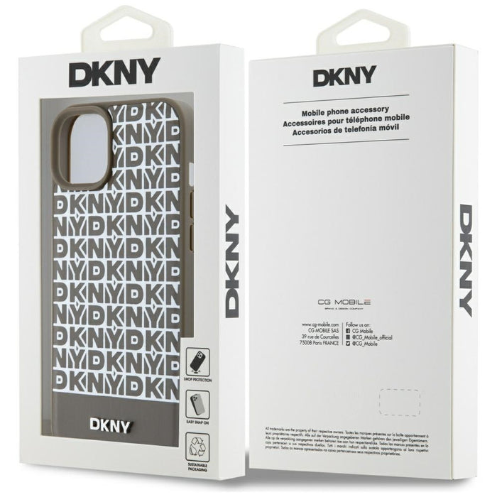 DKNY Leather Printed Pattern Metal Logo MagSafe Case for iPhone 15 / 14 / 13 - Brown