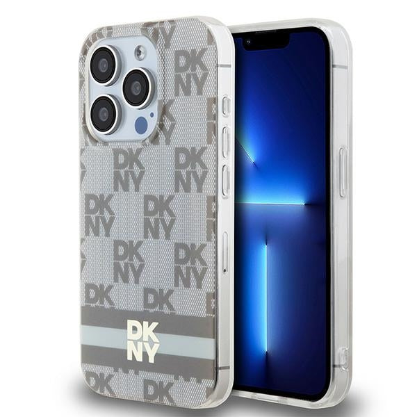 DKNY IML Checkered Mono Pattern &amp; Printed Stripes MagSafe case for iPhone 15 Pro Max - beige