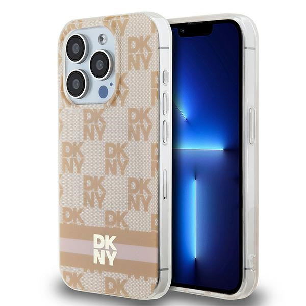 DKNY IML Checkered Mono Pattern &amp; Printed Stripes MagSafe case for iPhone 15 Pro Max - pink
