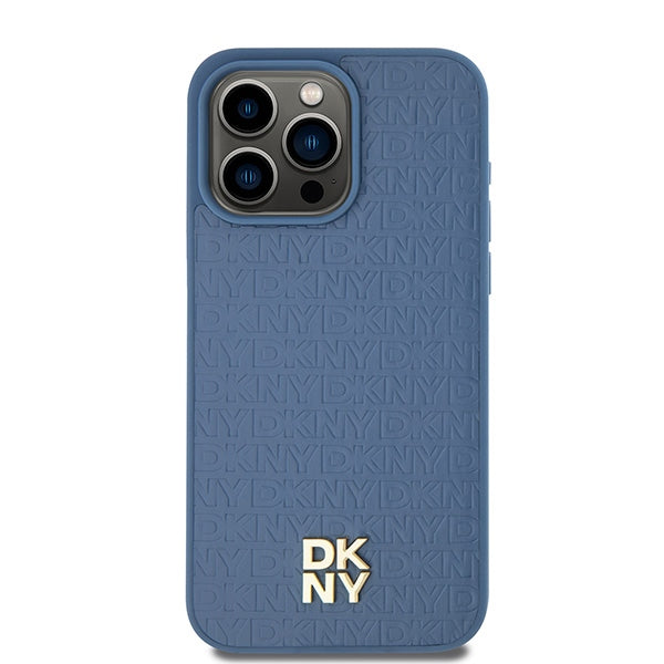 DKNY Leather Monogram Pattern Metal Logo MagSafe Case for iPhone 15 Pro Max - Blue