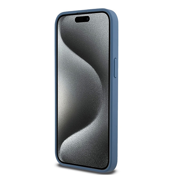 DKNY Leather Monogram Pattern Metal Logo MagSafe Case for iPhone 15 Pro Max - Blue