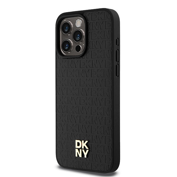 DKNY Leather Monogram Pattern Metal Logo MagSafe Case for iPhone 15 Pro Max - Black