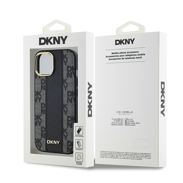 DKNY Leather Checkered Mono Pattern MagSafe Case for iPhone 14/15/13 - Black
