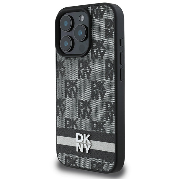 DKNY Checkered Pattern & Printed Stripes case for iPhone 16 Pro - black
