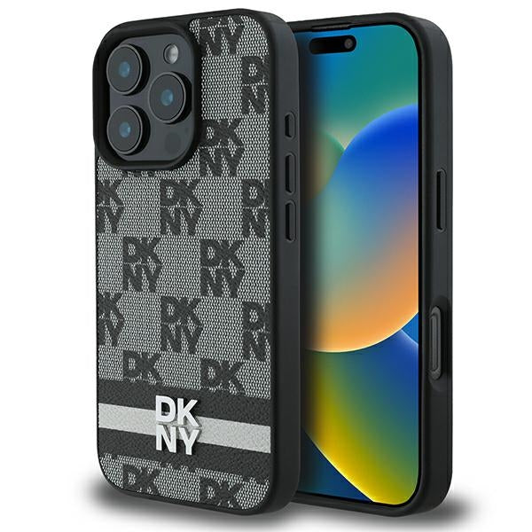 DKNY Checkered Pattern &amp; Printed Stripes case for iPhone 16 Pro - black