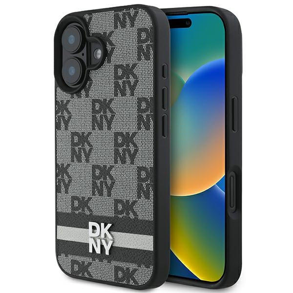 DKNY Checkered Pattern &amp; Printed Stripes iPhone 16 Case - Black