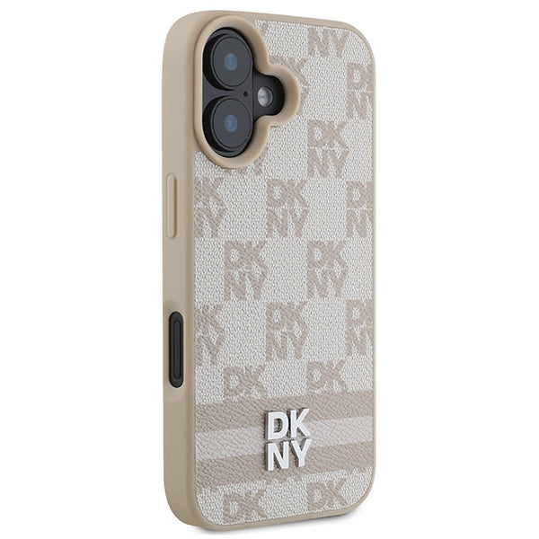 DKNY Checkered Pattern &amp; Printed Stripes iPhone 16 Case - Pink