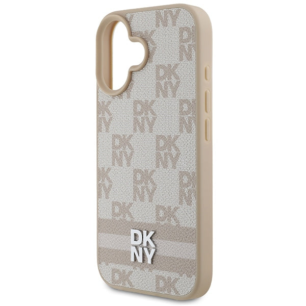 DKNY Checkered Pattern &amp; Printed Stripes iPhone 16 Case - Pink