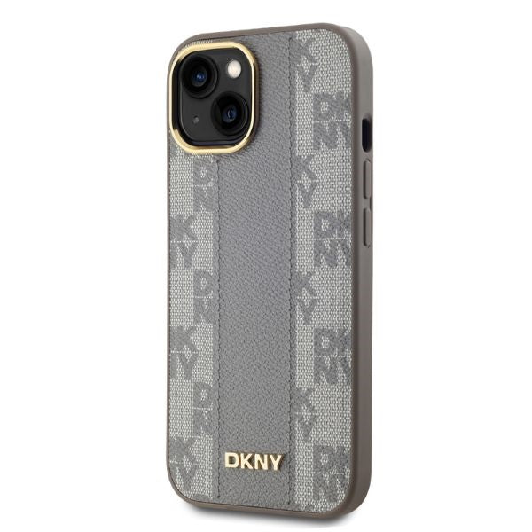 DKNY Leather Checkered Mono Pattern MagSafe iPhone 14 Case - Beige