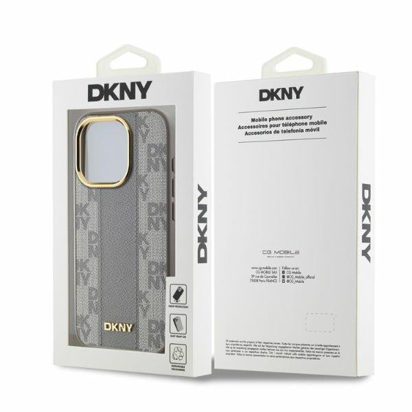 DKNY Leather Checkered Mono Pattern MagSafe iPhone 15 Pro Case - Beige