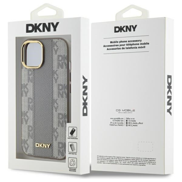 DKNY Leather Checkered Mono Pattern MagSafe iPhone 15 Plus Case - Beige