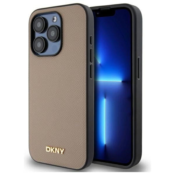 DKNY Grained Metal Logo MagSafe iPhone 15 Pro Case - Beige