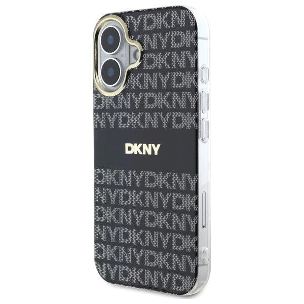 DKNY Repeat Texture Pattern With Stripe iPhone 16 Case - Black