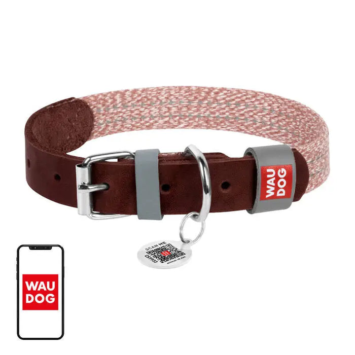Dog collar made of natural leather and recycled material with QR code Waudog size M width 20 mm brown - Walking
