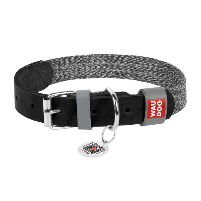 Dog collar made of natural leather and recycled material with QR code Waudog size S width 15 mm black - Walking