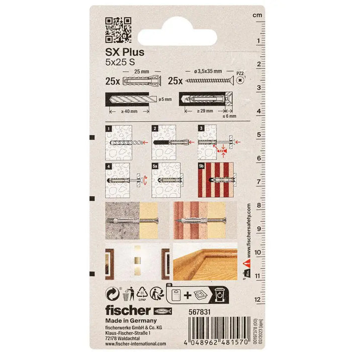 DOWEL WITH SCREW 5X25 25 PCS FISCHER SX PLUS - Комплекти дюбели и винтове<<<Дюбели<<<Инструменти и железария<<<Praktiker