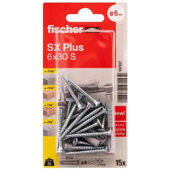DOWEL WITH SCREW 6X30 FISCHER SX PLUS - Комплекти дюбели и винтове<<<Дюбели<<<Инструменти и железария<<<Praktiker