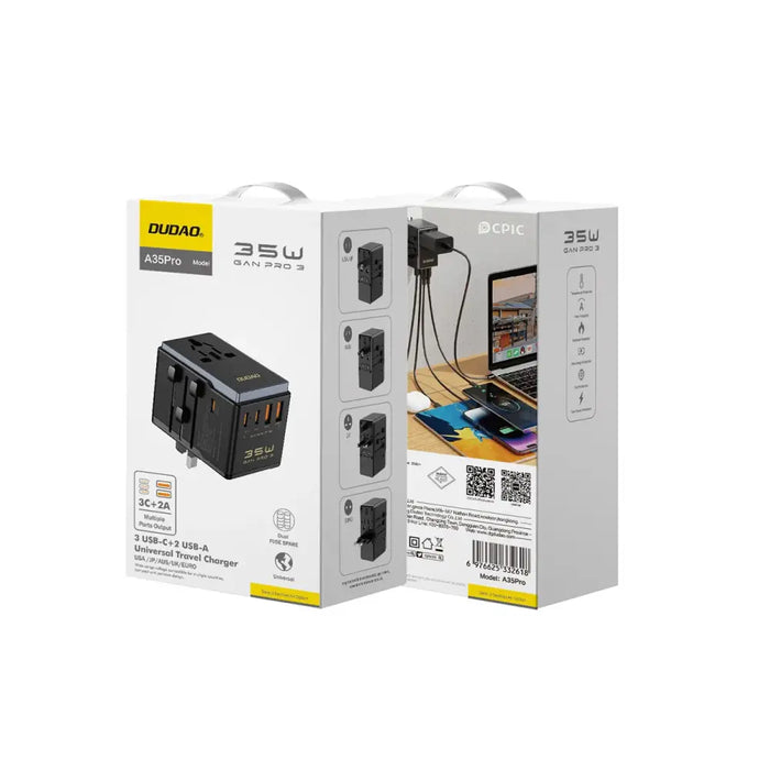Dudao A35Pro 35W EU / UK / AUS / US / JP travel adapter 3x USB-C 2x USB-A - black - Cell phone USB charger<<<HurtelXML