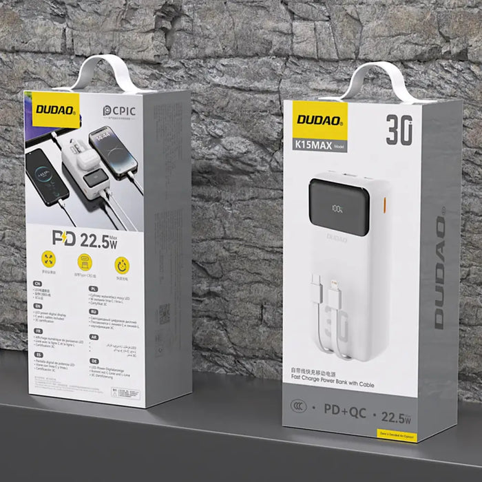 Dudao K15MAX 30000mAh PD 22.5W Powerbank with Built-in Cables - White - Powerbanks<<<HurtelXML