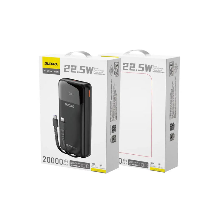 Dudao K15Pro Power Bank 20000mAh 22.5W PD USB-C / USB-A / Built-in Lightning and USB-C Cables - Black