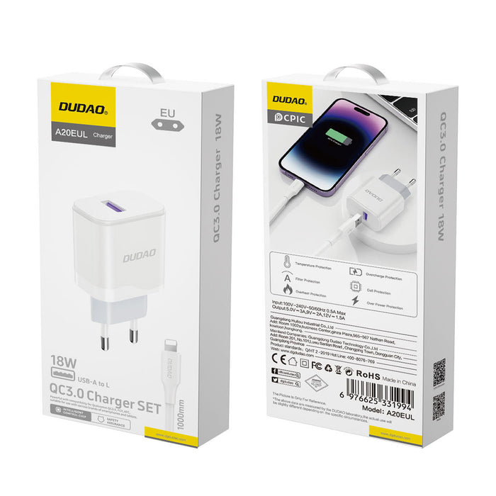 Dudao A20EU USB-A 18W network charger - white + USB-A - Lightning cable