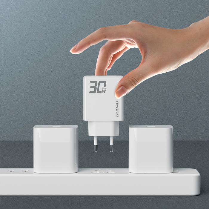 GaN Dudao A30EUL 30W USB-A / USB-C Wall Charger + USB-C - Lightning Cable - White
