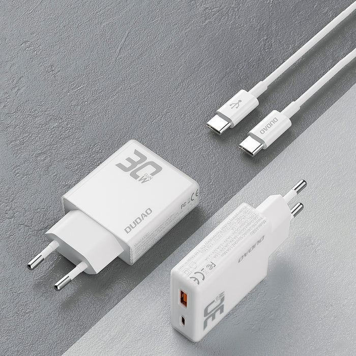 GaN Dudao A30EUT 30W USB-A / USB-C Wall Charger + USB-C - USB-C Cable - White