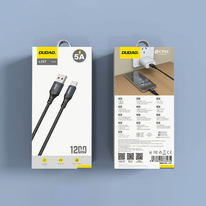 Dudao L3ST USB-A - USB-C 5A 1.2m Braided Cable - Black