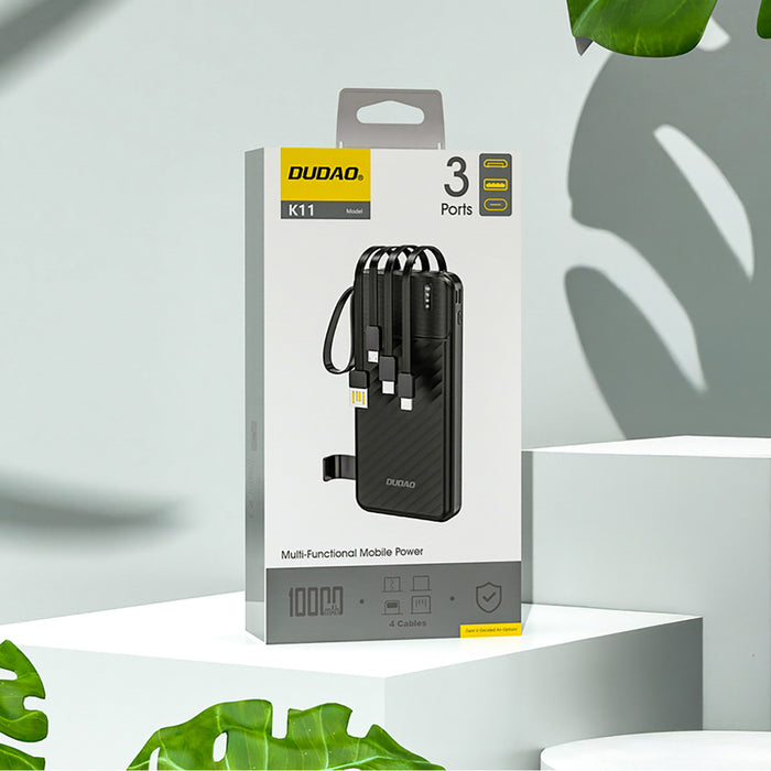 Dudao K11 10000mAh Powerbank with Built-in Cables - Black