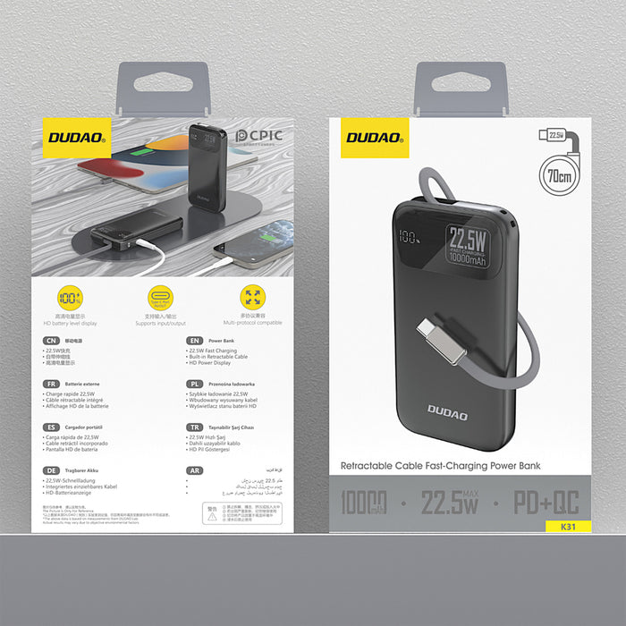 Dudao K31 10000 mAh 22.5W PD Powerbank with Built-in Cable - Black