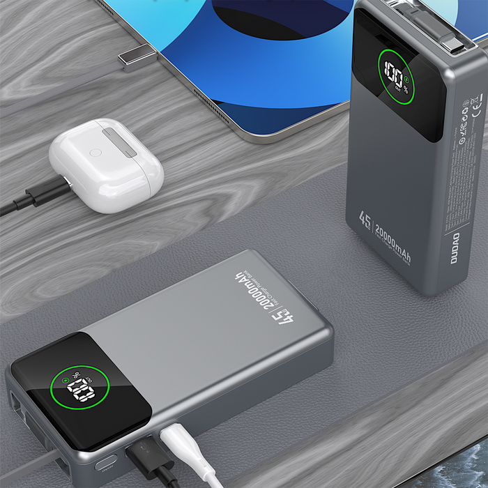 Dudao K31 Pro 45W 20000mAh Power Bank with Built-in Retractable USB-C Cable - Gray