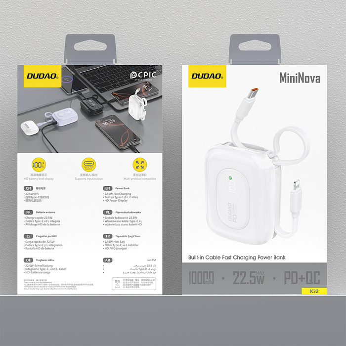 Dudao K32 22.5W 10000 mAh Powerbank with Built-in USB-C/ Lightning Cable - White