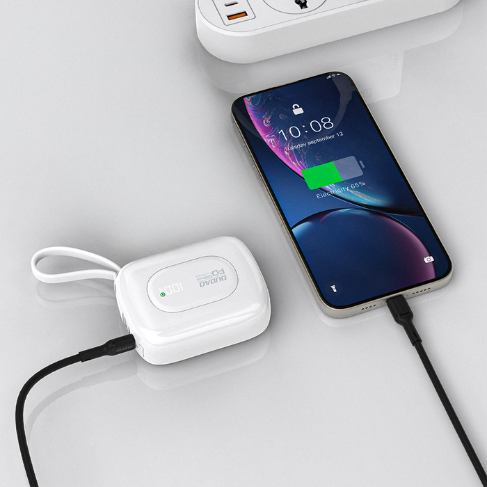 Dudao K32 22.5W 10000 mAh Powerbank with Built-in USB-C/ Lightning Cable - White