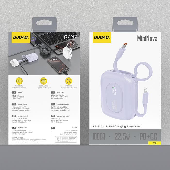 Dudao K32 22.5W 10000 mAh Powerbank with Built-in USB-C/ Lightning Cable - Purple