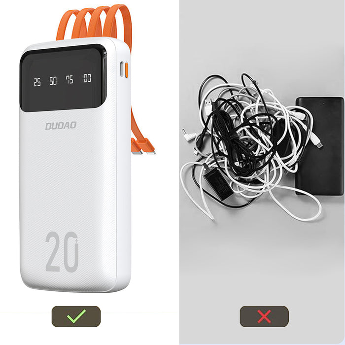 Dudao large capacity powerbank with 4 built-in cables 20000mAh USB Type C + micro USB + Lightning + USB-A (input) - white (Dudao K6Pro+)