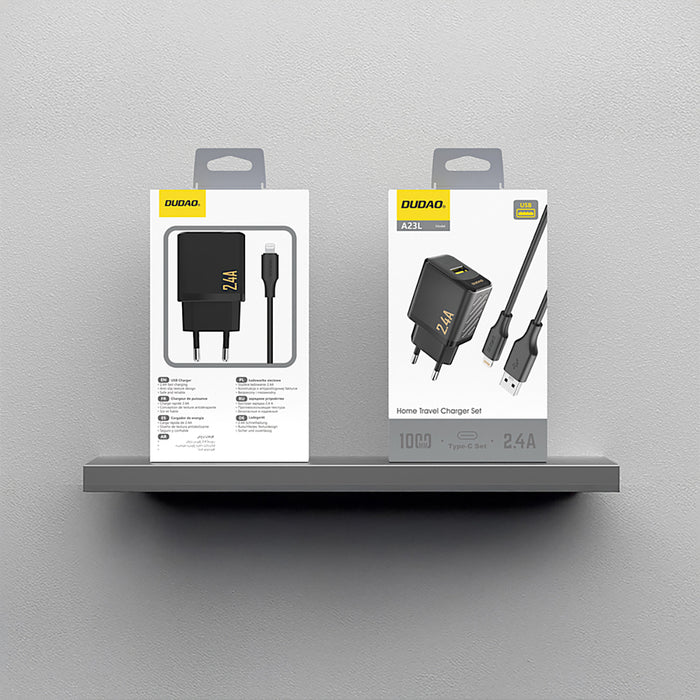 Dudao A23LEU 2.4A GaN EU USB-A Wall Charger with USB-A to Lightning Cable - Black