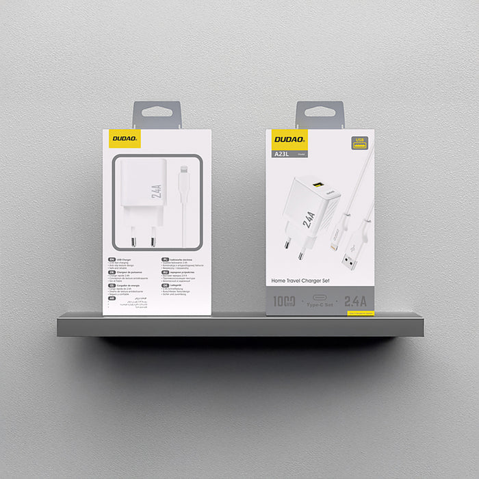 Dudao A23LEU 2.4A GaN EU USB-A Wall Charger with USB-A to Lightning Cable - White