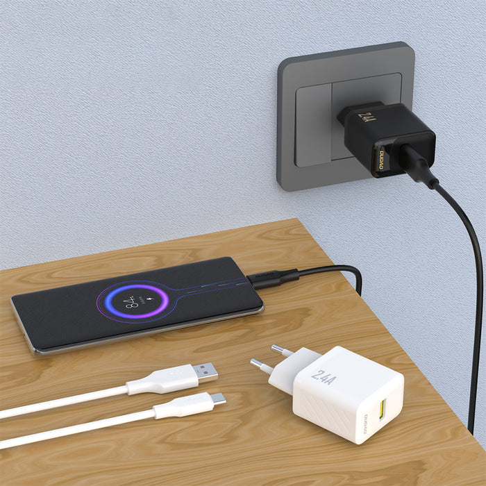Dudao A23TEU 2.4A GaN USB-A Wall Charger with USB-A - USB-C Cable - White