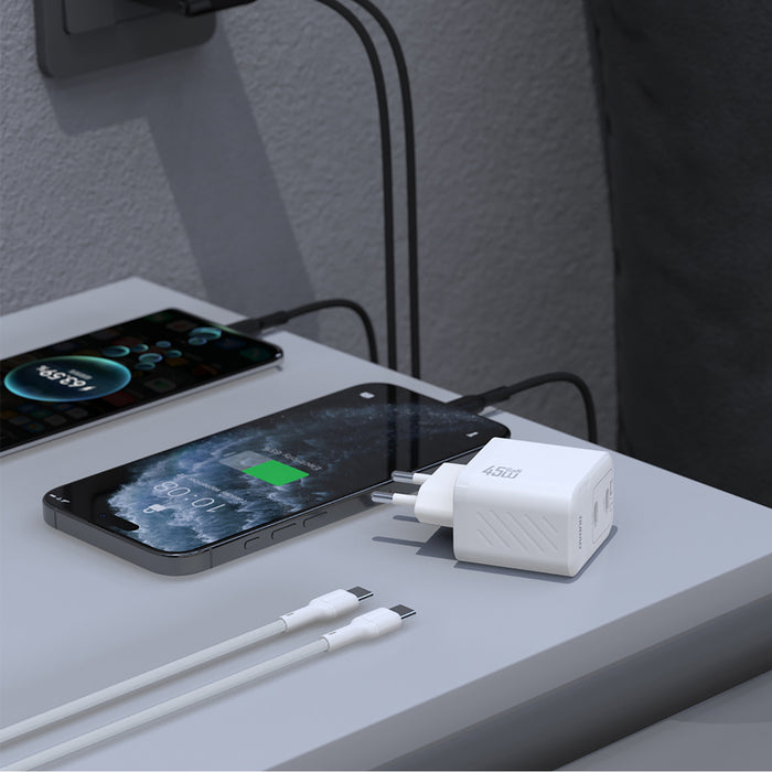 Dudao A28PCEU PD 45W GaN 2xUSB-C Wall Charger with USB-C Cable - White