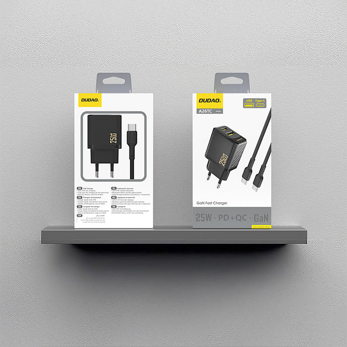 Dudao A26TCEU PD QC 25W GaN USB-A USB-C Wall Charger with USB-C Cable - Black