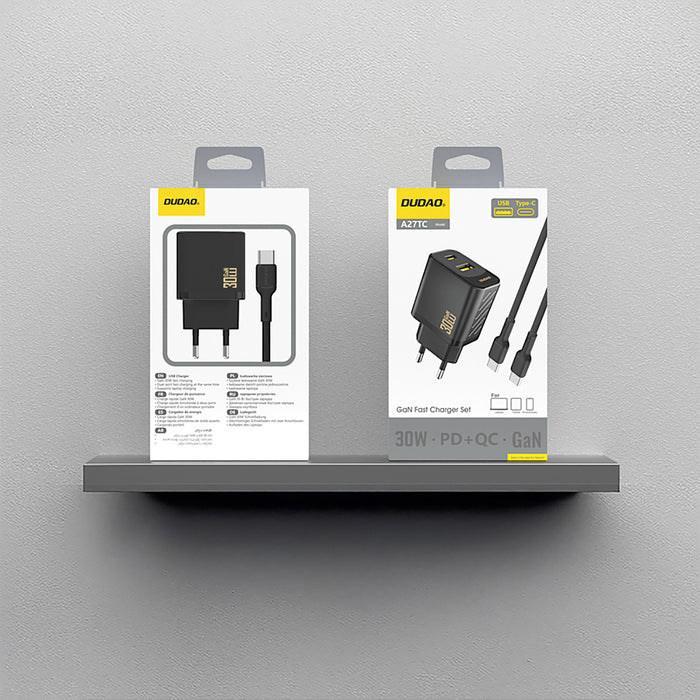 Dudao A27TCEU PD 30W GaN USB-A USB-C Wall Charger with USB-C Cable - Black