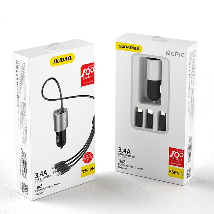 Dudao 3in1 USB Car Charger 3.4A Built-in Lightning / USB Type C / Micro USB Cable Black (R5ProN Black)