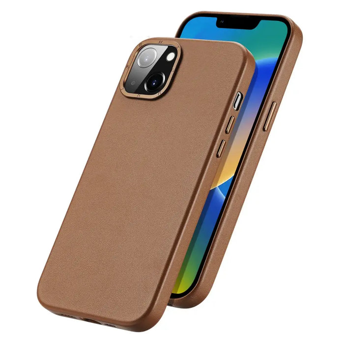 Dux Ducis Grit Leather Case for iPhone 14 Elegant Faux Leather Cover (MagSafe Compatible) Brown - Cell phone cases