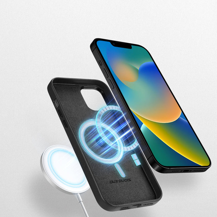 Dux Ducis Grit Leather Case for iPhone 14 Plus Elegant Faux Leather Cover (MagSafe Compatible) Black - Cell phone cases