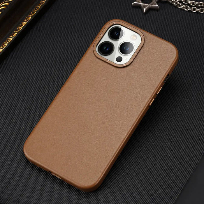 Dux Ducis Grit Leather Case for iPhone 14 Pro Max Elegant Faux Leather Cover (MagSafe Compatible) Brown - Cell phone