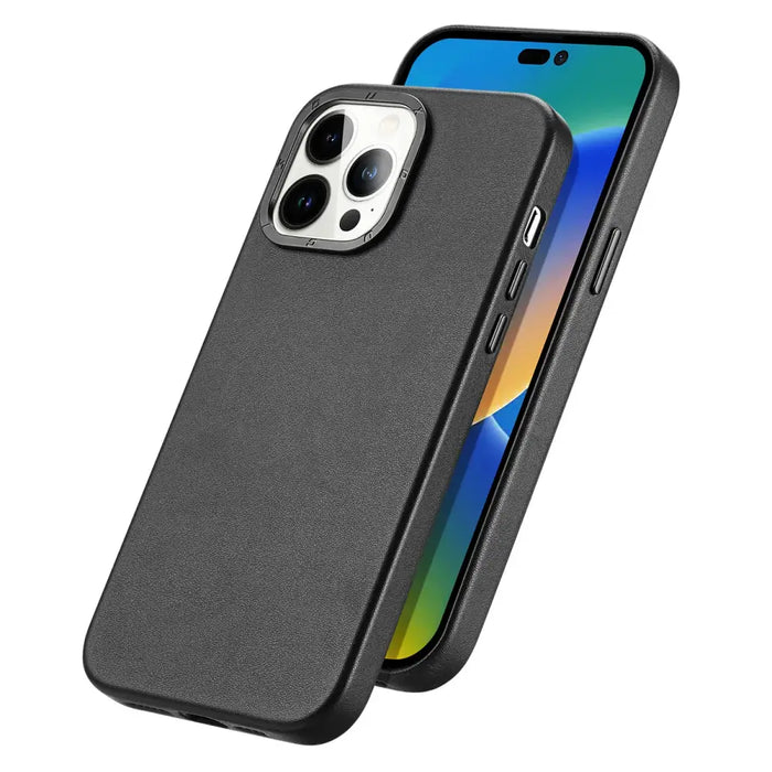 Dux Ducis Grit Leather Case for iPhone 14 Pro Max Elegant Faux Leather Cover (MagSafe Compatible) Black - Cell phone